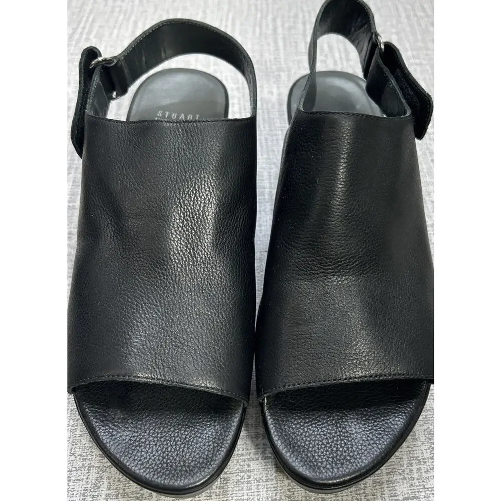 Stuart Weitzman Offset Sandal Shoe Womens Size 8 M Black Leather Slingback Wedge